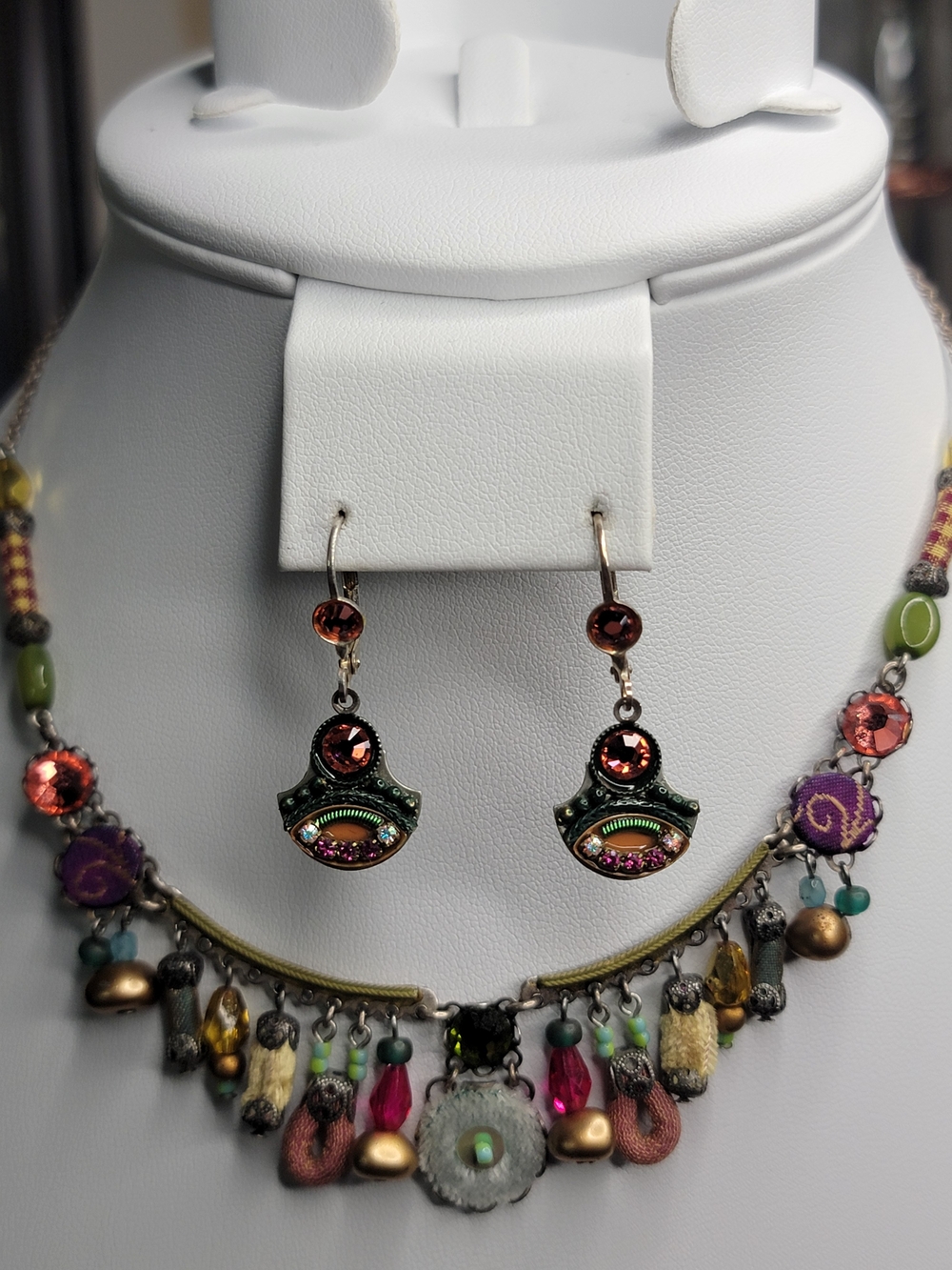 Ayala Bar Vintage Multi-color Necklace With Adaya Green & Tangerine Earrings